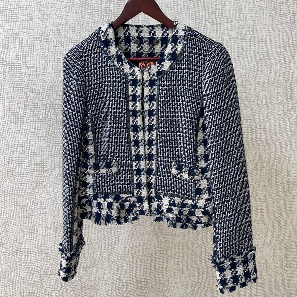 Tory Burch plaid jacket size 6 with hand sew beads details.